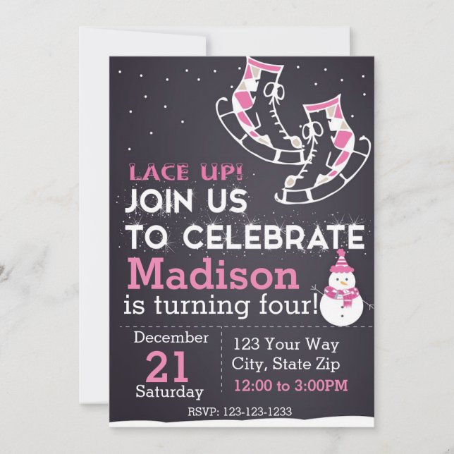 Ice Skate Birthday Invitation (pink) (Front)