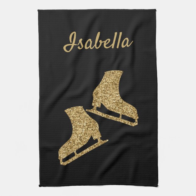 Ice skate towel figure skates Black gold glitter (Vertical)