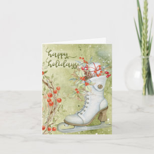 Ice Skate, Wreath and Berries on Green Background Holiday Card