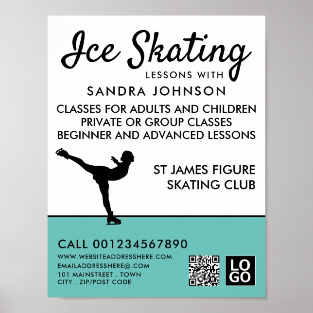 Ice Skater Silhouette, Ice Skating Lesson Advert Poster (Front)