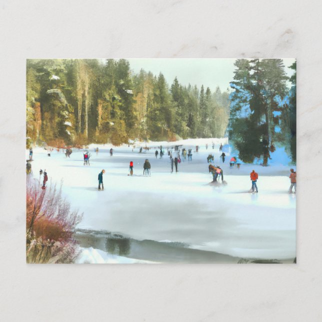 Ice Skaters on A Pond Watercolor Winter Landscape Postcard (Front)