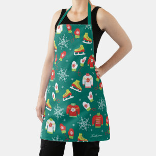 Ice Skates and Snowflakes Teal Monogram Pattern Ap Apron