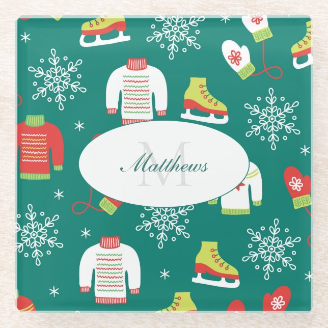 Ice Skates and Snowflakes Teal Monogram Pattern Glass Coaster (Front)