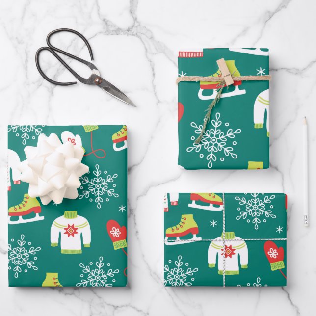 Ice Skates and Snowflakes Teal Monogram Pattern Wrapping Paper Sheet (Front)