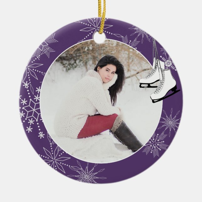 Ice Skates and Snowflakes with Photo Ceramic Ornam Tree Decoration (Front)