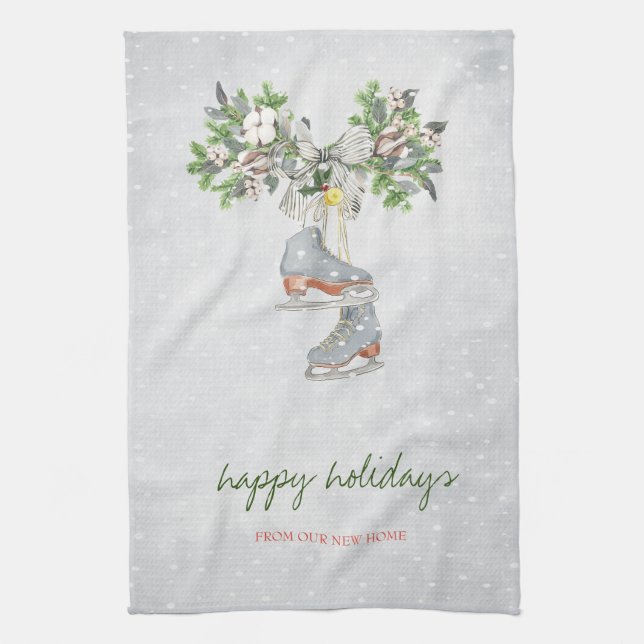 Ice skates,Branch Snow Holiday Tea Towel (Vertical)