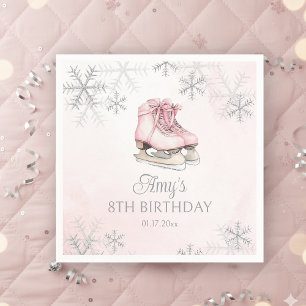 Ice Skates Girl Birthday Pink Bow Silver Snowflake Napkin