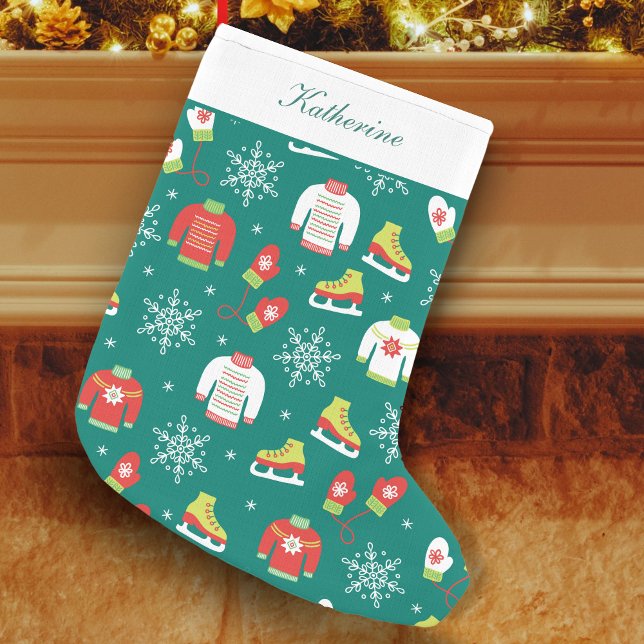 Ice Skates, Mittens and Snowflakes Pattern Teal Small Christmas Stocking (Creator Uploaded)