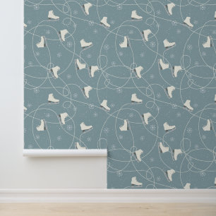 Ice Skates Snowflakes Ice Trails Blue Grey Wallpaper