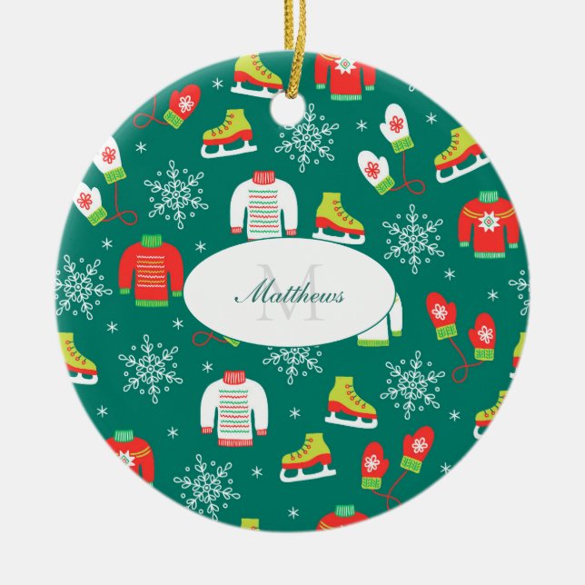 Ice Skates Snowflakes Teal Monogram Christmas Ceramic Tree Decoration (Front)