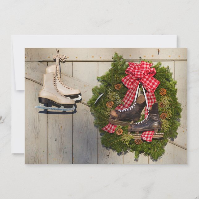 Ice Skates with Christmas Wreath Holiday Card (Front)