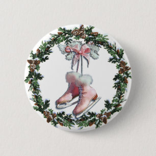 ICE SKATES & WREATH by SHARON SHARPE 6 Cm Round Badge
