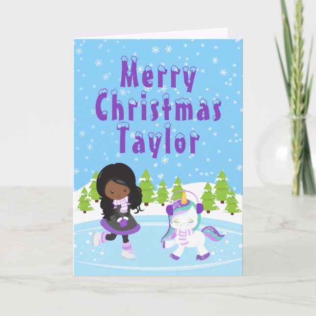 Ice Skating African American Girl Merry Christmas  Holiday Card (Front)