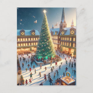 Ice Skating Around a Christmas Tree Blank Holiday Postcard