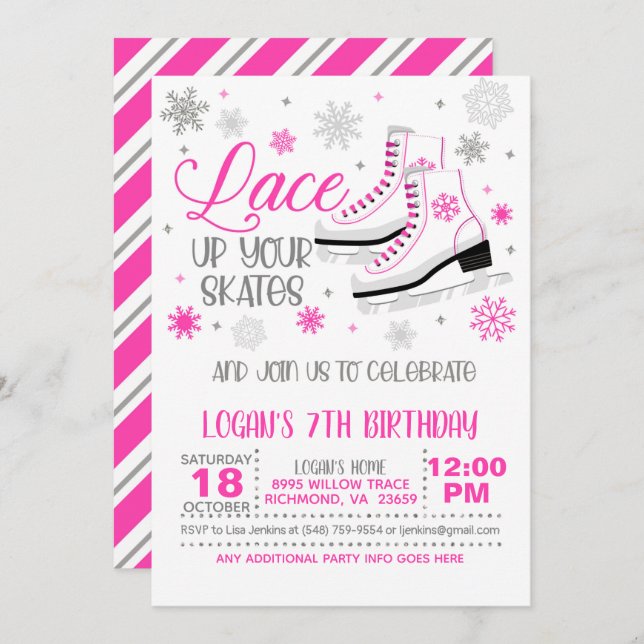 Ice Skating Birthday - Girl - Pink Invitation (Front/Back)