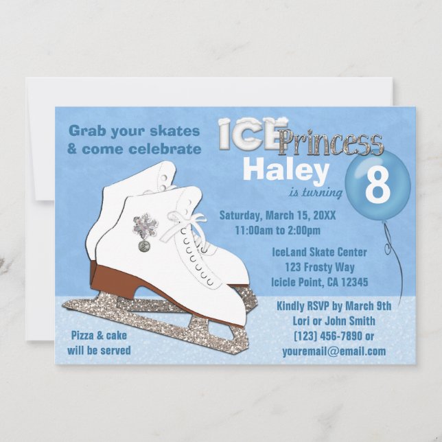 Ice Skating Birthday Invitation BLUE Ice Princess (Front)