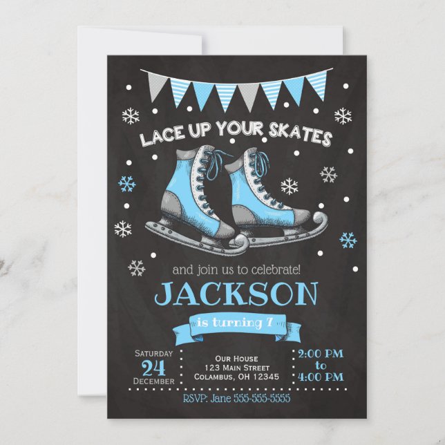 Ice Skating Birthday Invitation / Boy / Blue Grey (Front)