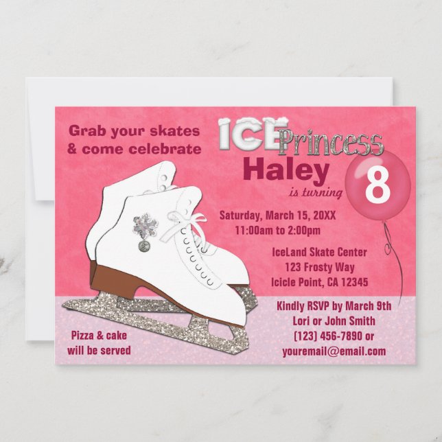 Ice Skating Birthday Invitation HOT PINK Princess (Front)