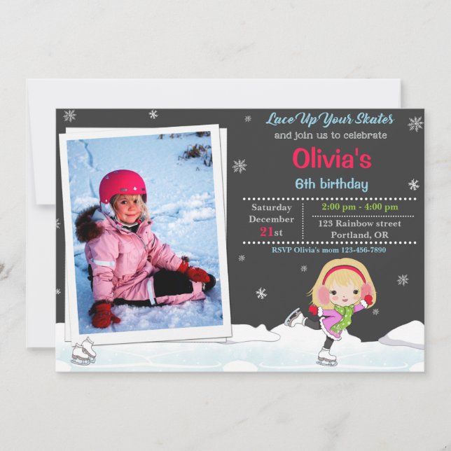 Ice skating birthday invitation Winter invitation (Front)