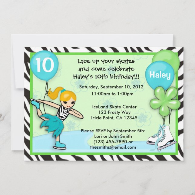 Ice Skating Birthday Invitation zebra print (Front)