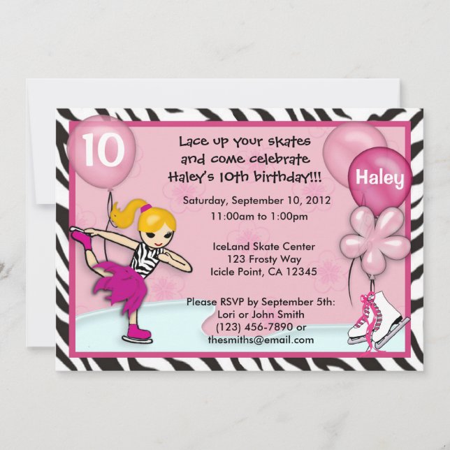 Ice Skating Birthday Invitation zebra print pink (Front)