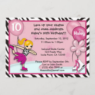 Ice Skating Birthday Invitation zebra print pink