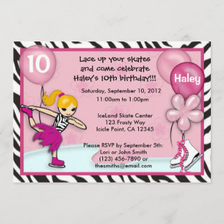 Ice Skating Birthday Invitation zebra print pink