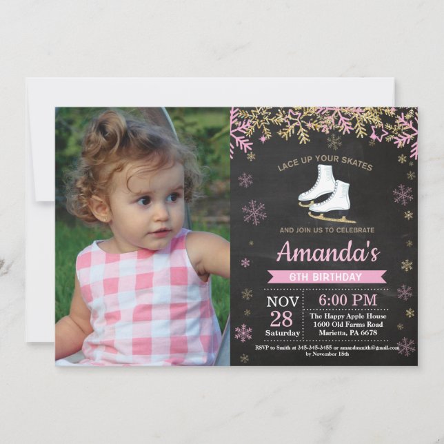 Ice Skating Birthday Party Pink Skate Photo Invitation (Front)