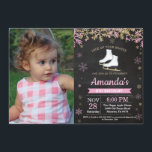 Ice Skating Birthday Party Pink Skate Photo Invitation<br><div class="desc">Ice Skating Birthday Party Pink Skate Invitation with custom photo. Girl Birthday. Pink and Gold Glitter Snowflake. Winter Christmas Holiday. Chalkboard Background. Black and White. 1st 2nd 3rd 4th 5th 6th 7th 8th 9th 10th 11th 12th 13th 14th 15th, any age. For further customisation, please click the "Customise it" button...</div>