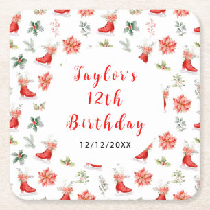 Ice Skating Birthday Party Red Square Paper Coaster