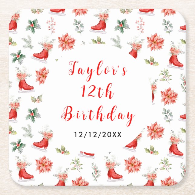 Ice Skating Birthday Party Red Square Paper Coaster (Front)