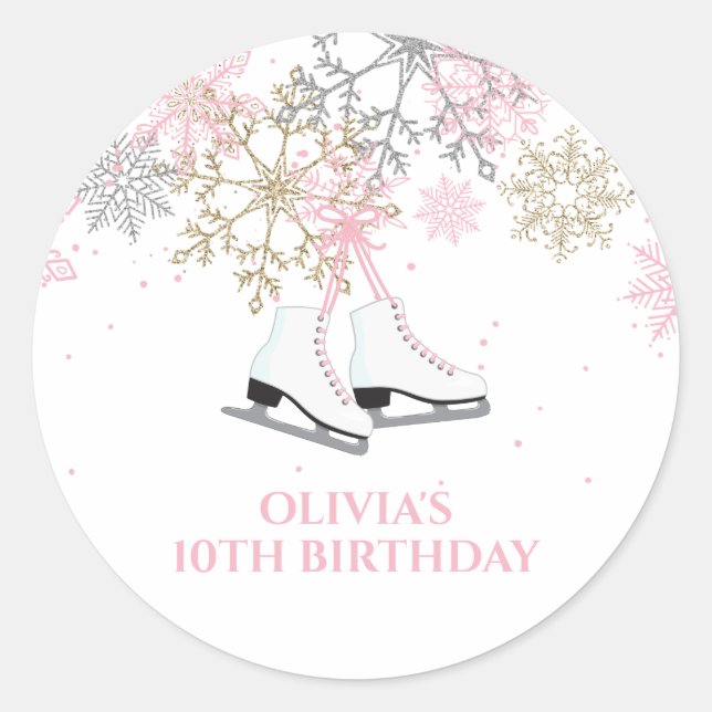 Ice Skating Birthday Pink Gold Snowflakes Classic Round Sticker (Front)
