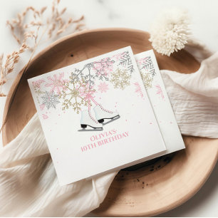 Ice Skating Birthday Pink Gold Snowflakes Napkin