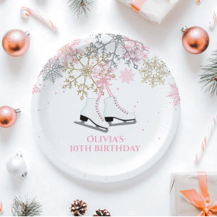 Ice Skating Birthday Pink Gold Snowflakes Paper Plate