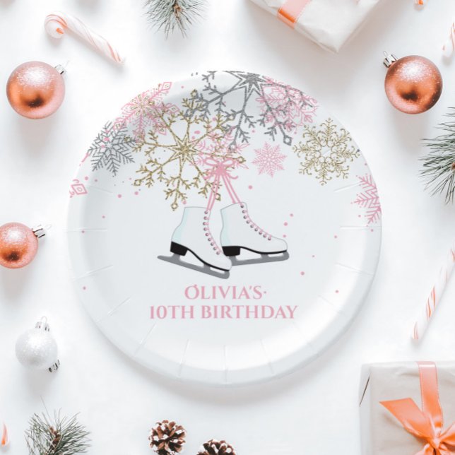 Ice Skating Birthday Pink Gold Snowflakes Paper Plate (Creator Uploaded)