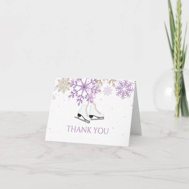Ice Skating Birthday Purple Gold Snowflakes Thank You Card (Front)