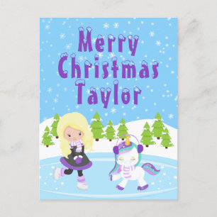 Ice Skating Blonde Hair Girl Merry Christmas Holid Holiday Postcard