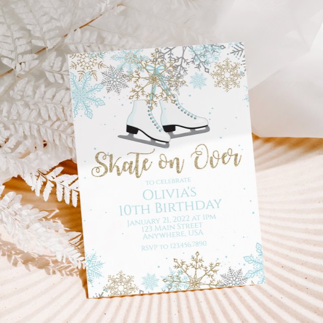 Ice Skating Blue Gold Glitter Snowflakes Birthday Invitation (Creator Uploaded)