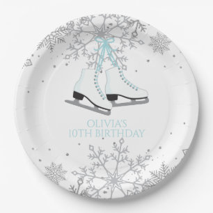 Ice Skating Blue Silver Gold Snowflakes Birthday P Paper Plate