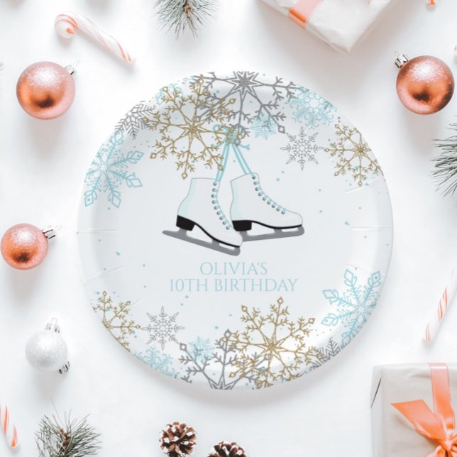 Ice Skating Blue Silver Gold Snowflakes Birthday Paper Plate (Creator Uploaded)