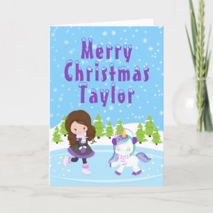 Ice Skating Brown Hair Girl Merry Christmas Holida Holiday Card