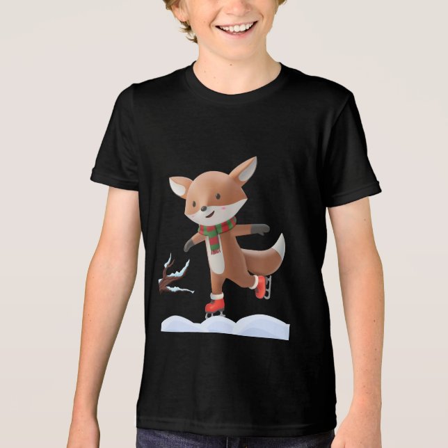 Ice Skating Cartoon Fox Tri-Blend Shirt (Front)