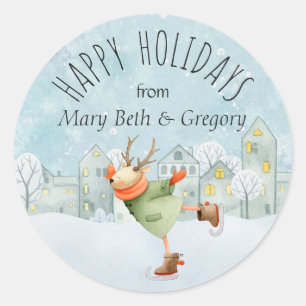 Ice Skating Deer Happy Holidays Classic Round Sticker