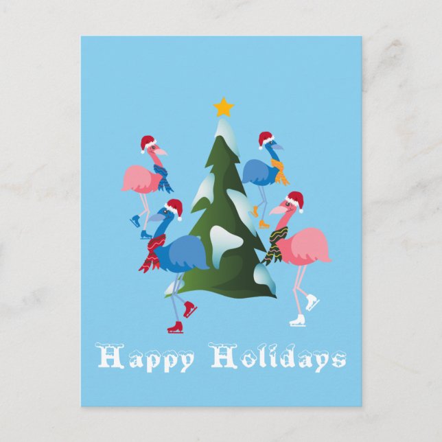Ice Skating Flamingos  Christmas Card (Front)