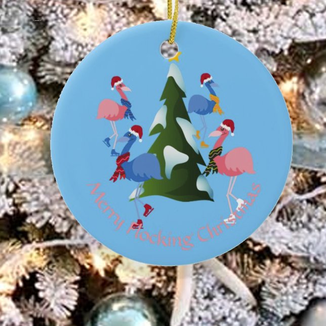 Ice Skating Flamingos Christmas Illustration Photo Ceramic Tree Decoration (Creator Uploaded)