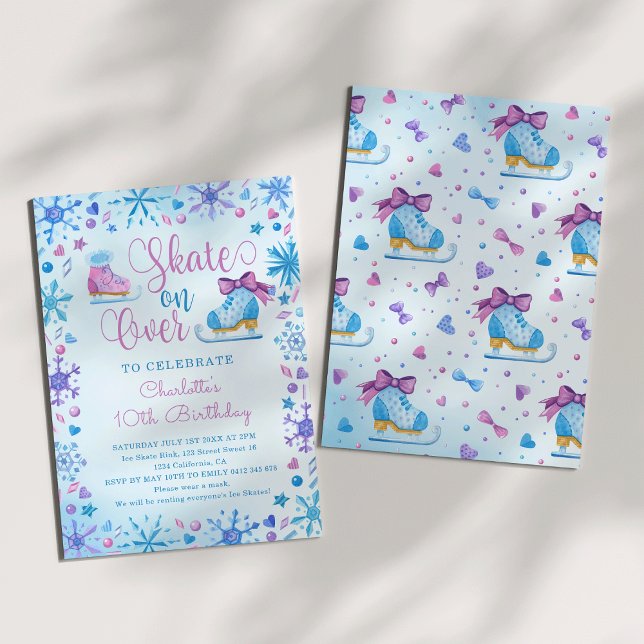 Ice Skating Frozen Fairy Tale Snowflakes Birthday Invitation (Ice Skating Watercolor Frozen Fairy Tale Snowflakes Hearts Ice Crystals Birthday Invitation
)