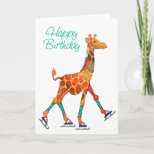 Ice Skating Giraffe Birthday Card