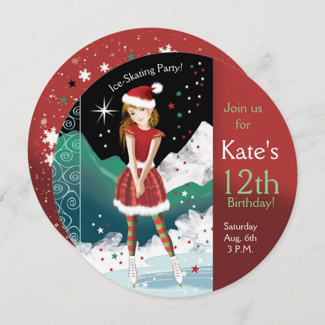 Ice-skating girl's 12th birthday party invitation (Front/Back)