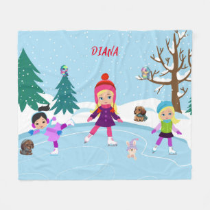 ICE SKATING GIRL'S & ANIMAL FRIENDS  FLEECE BLANKET