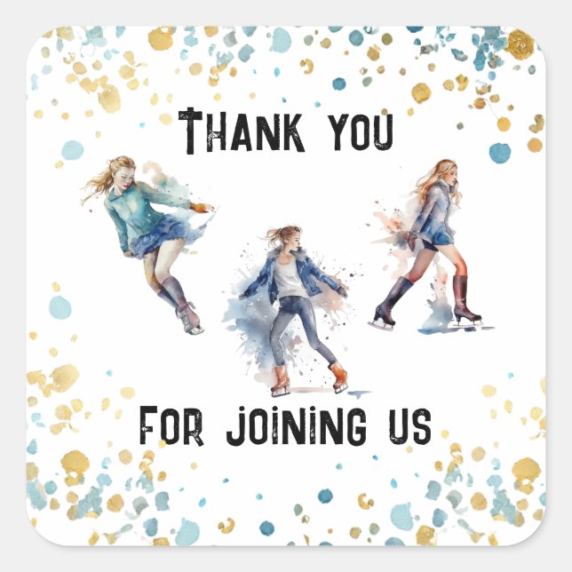 Ice-Skating Girls Winter Birthday Party Square Sticker (Front)